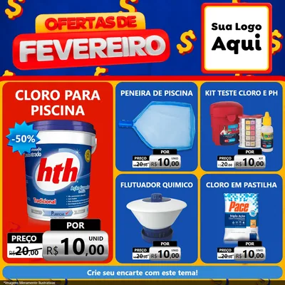 Modelo de Rede Social para Feed Facebook com o tema Ofertas de Fevereiro para Produtos para Piscina