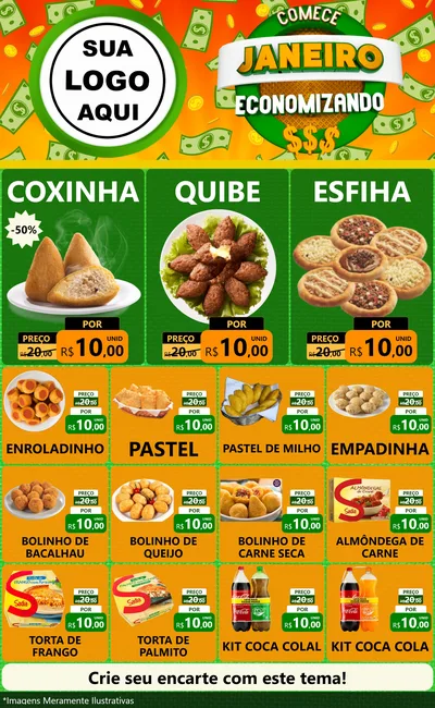 Modelo de Encarte para Encarte Grande com o tema Comece Janeiro Economizando para Salgadaria