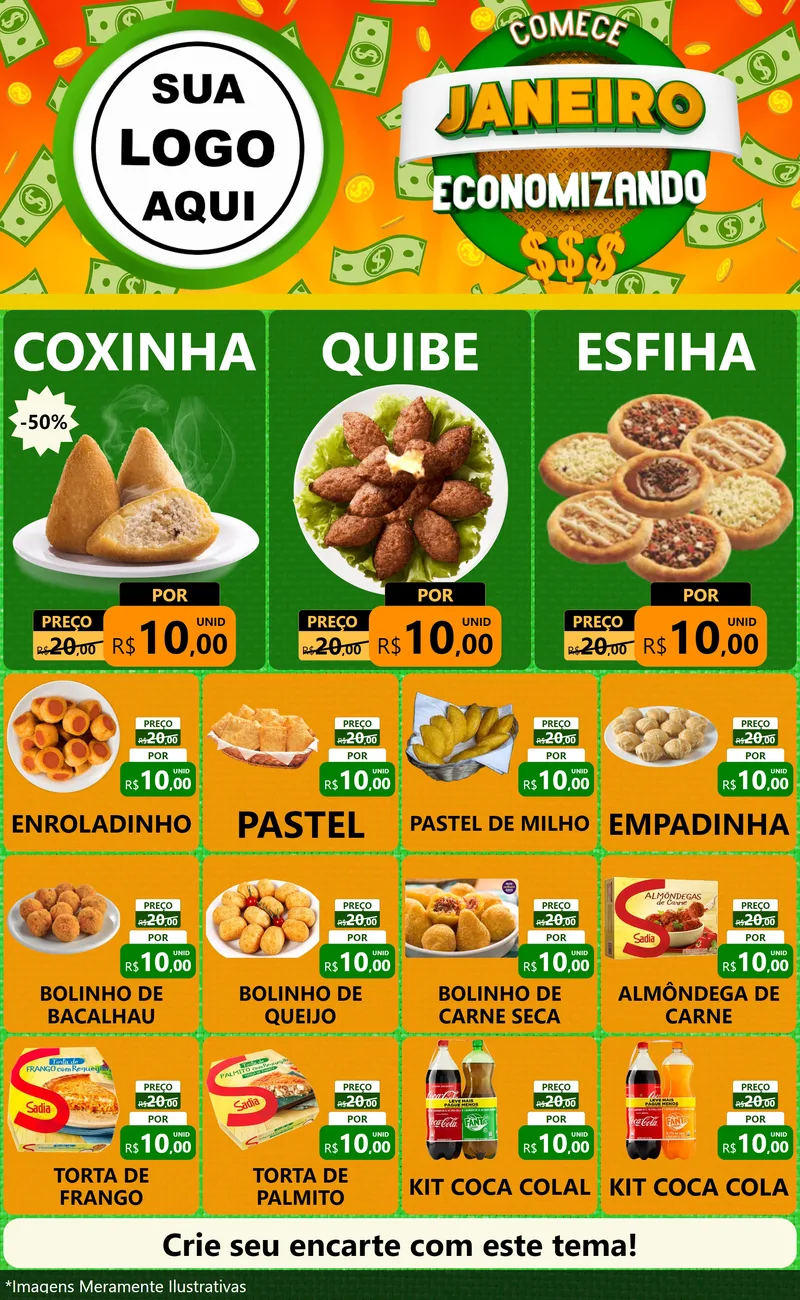 Modelo de Encarte para Encarte Grande com o tema Comece Janeiro Economizando para Salgadaria