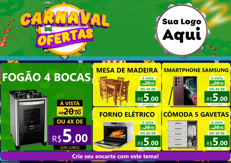 Modelo de Encarte para Encarte A4 Horizontal com o tema Carnaval de Ofertas para Móveis e Eletro
