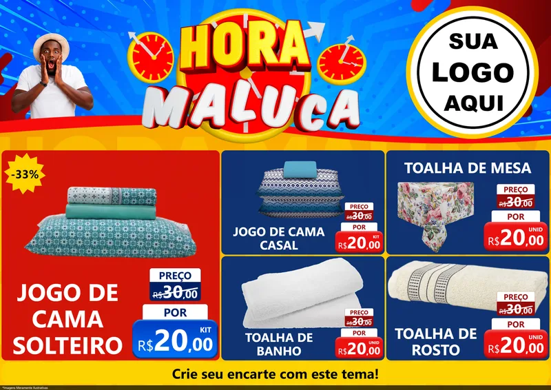 Modelo de Encarte para Encarte A4 Horizontal com o tema Hora Maluca para Cama, Mesa e Banho
