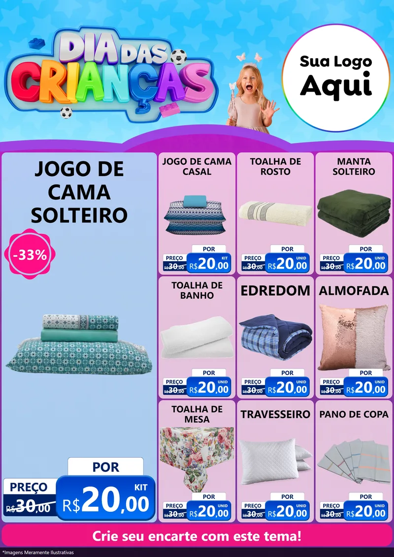 Modelo de Encarte para Encarte A4 Vertical com o tema Dia Das Crianças para Cama, Mesa e Banho