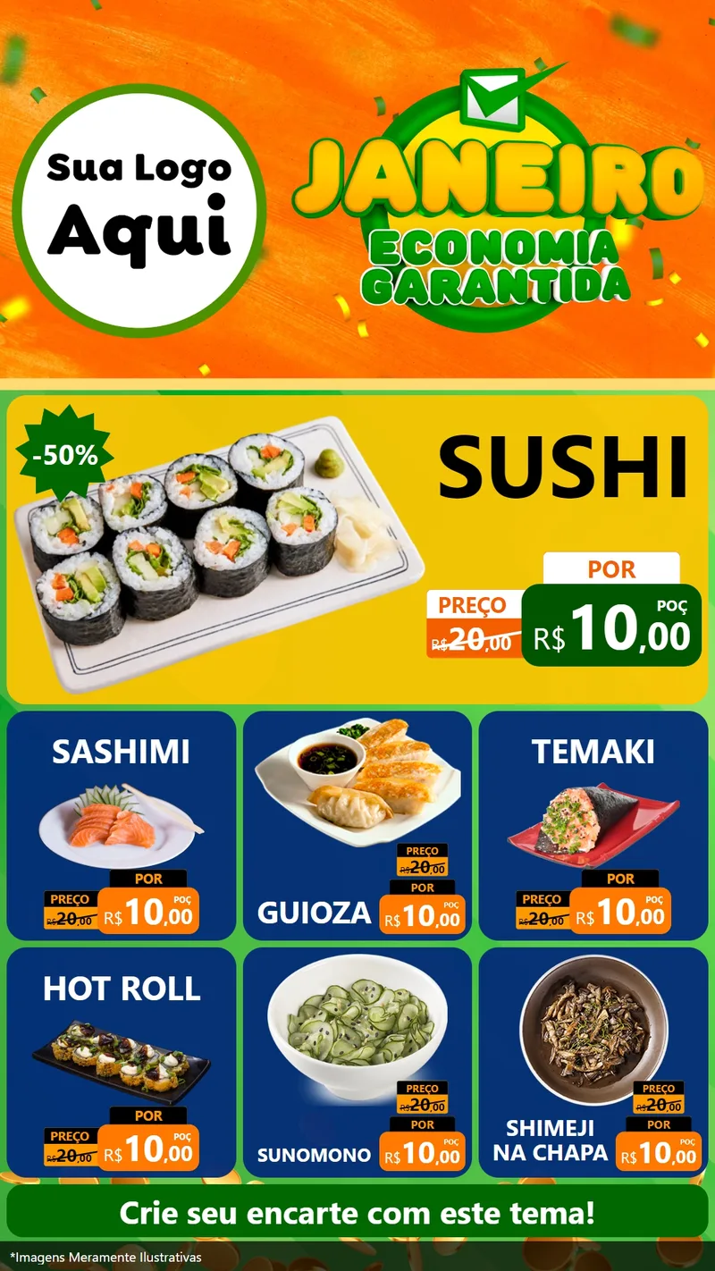 Modelo de Rede Social para Stories com o tema Janeiro - Economia Garantida para Comida japonesa