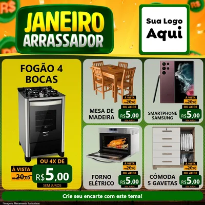 Modelo de Rede Social para Feed Facebook com o tema Janeiro Arrasador para Móveis e Eletro