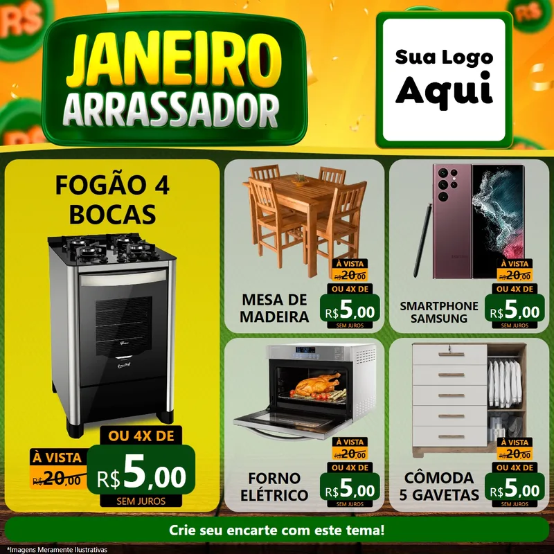 Modelo de Rede Social para Feed Facebook com o tema Janeiro Arrasador para Móveis e Eletro