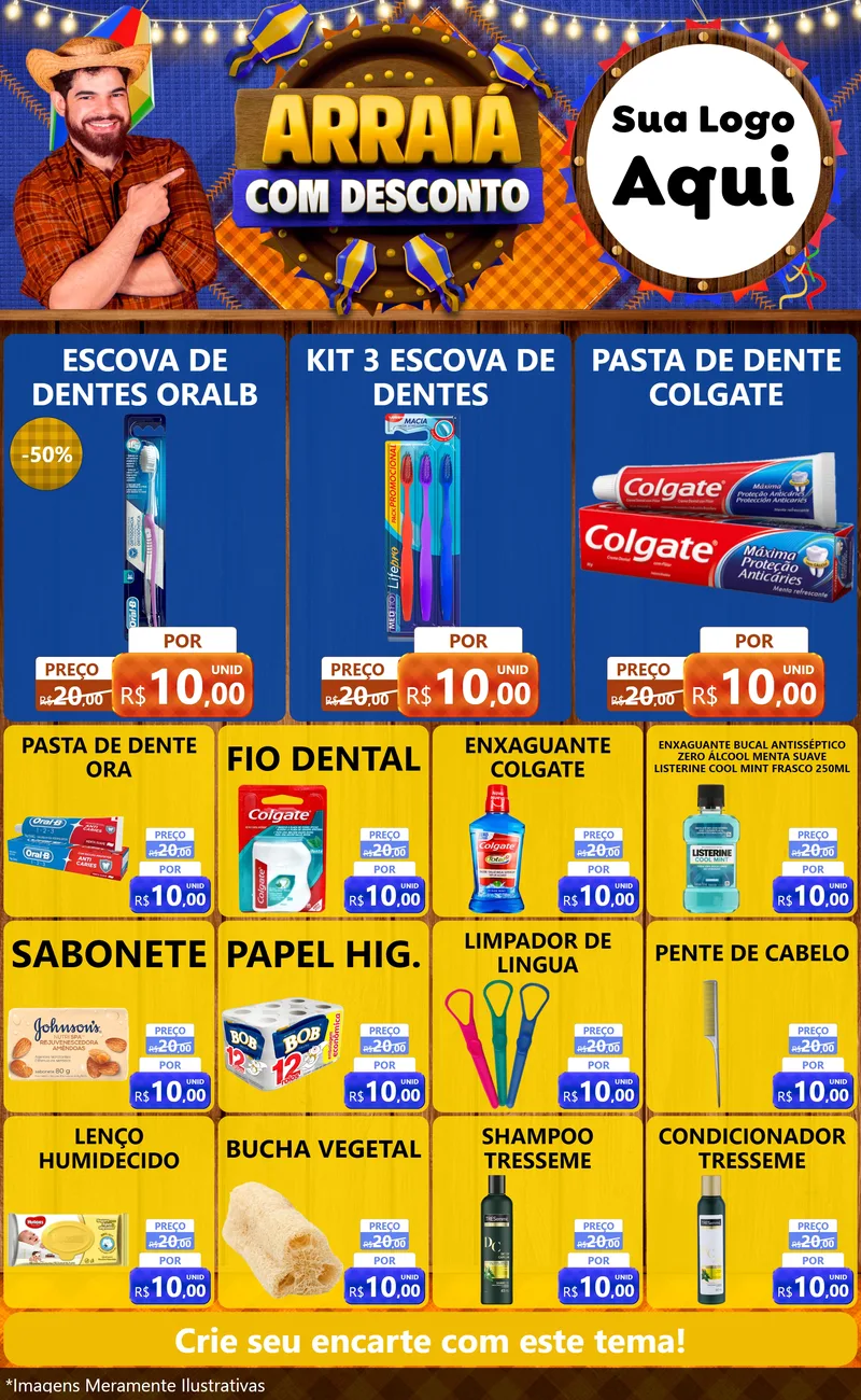 Modelo de Encarte para Encarte Grande com o tema Arraiá Com Desconto para Higiene Pessoal