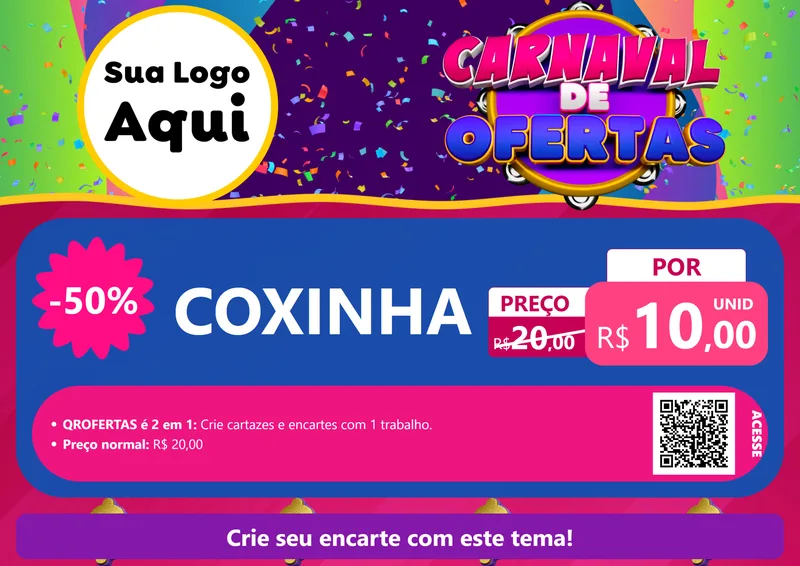 Modelo de Cartaz para Cartaz A4 Horizontal com o tema Carnaval de Ofertas para Salgadaria