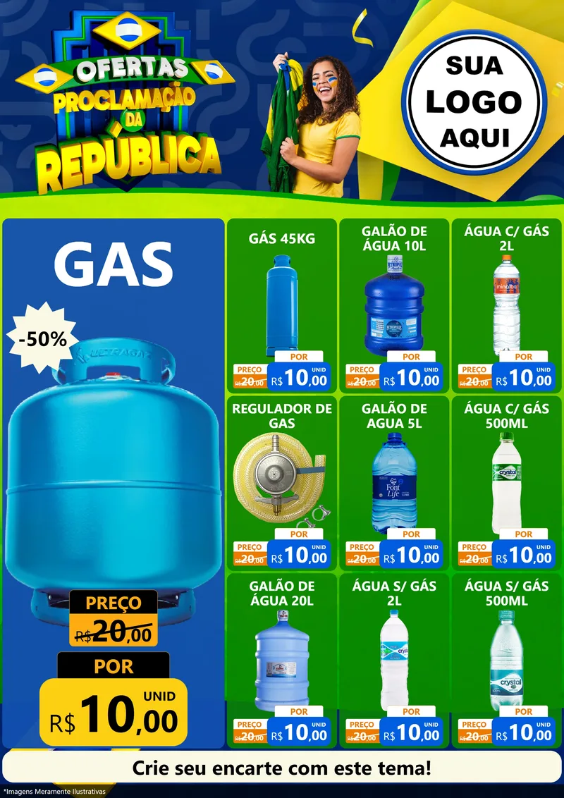 Modelo de Encarte para Encarte A4 Vertical com o tema Ofertas Proclamação da República para Água e gás