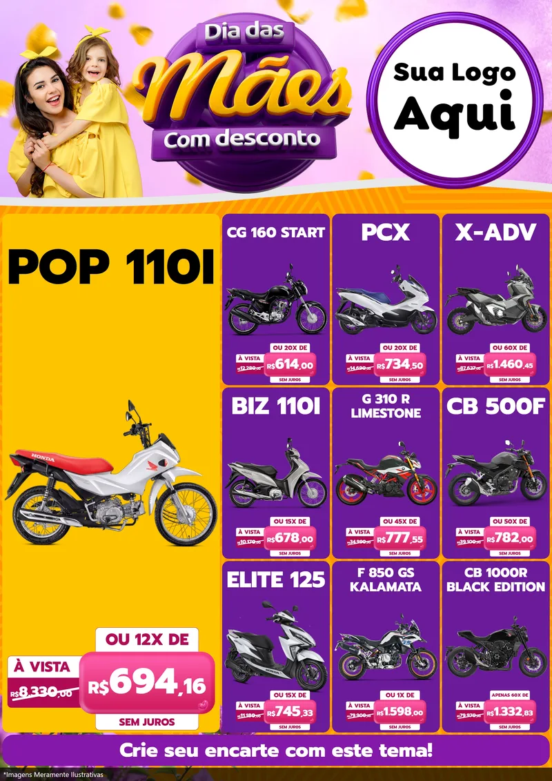 Modelo de Encarte para Encarte A4 Vertical com o tema Dia das Mães com Desconto para Concessionaria de Motos