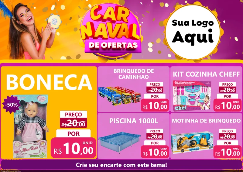 Modelo de Encarte para Encarte A4 Horizontal com o tema Carnaval de Ofertas para Brinquedos
