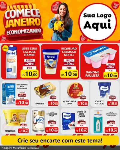 Modelo de Rede Social para Feed Instagram com o tema Comece Janeiro Economizando para Frios e Laticínios