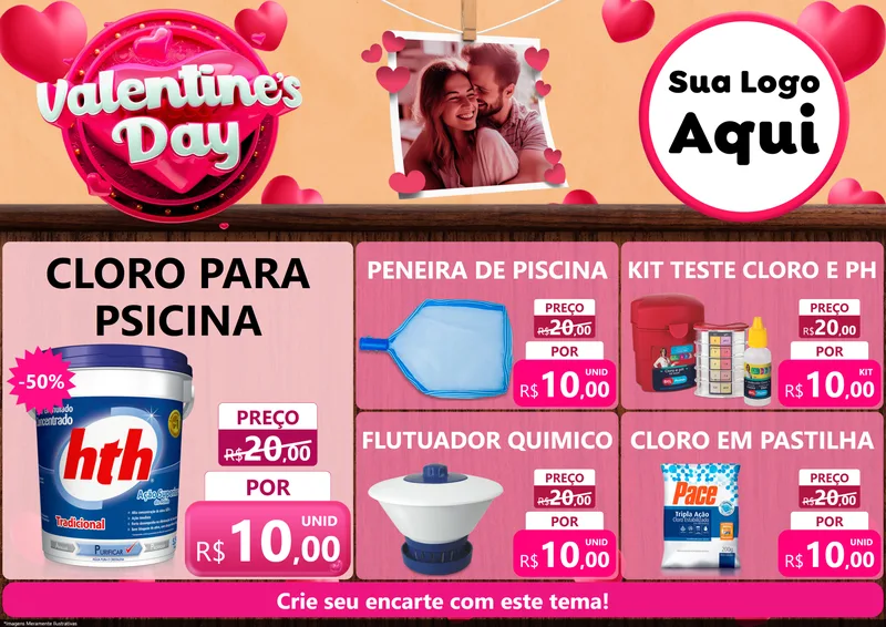 Modelo de Encarte para Encarte A4 Horizontal com o tema Valentine's Day para Produtos para Piscina