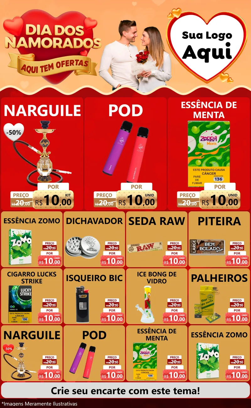 Modelo de Encarte para Encarte Grande com o tema Dia dos Namorados - Aqui Tem Ofertas para Tabacaria