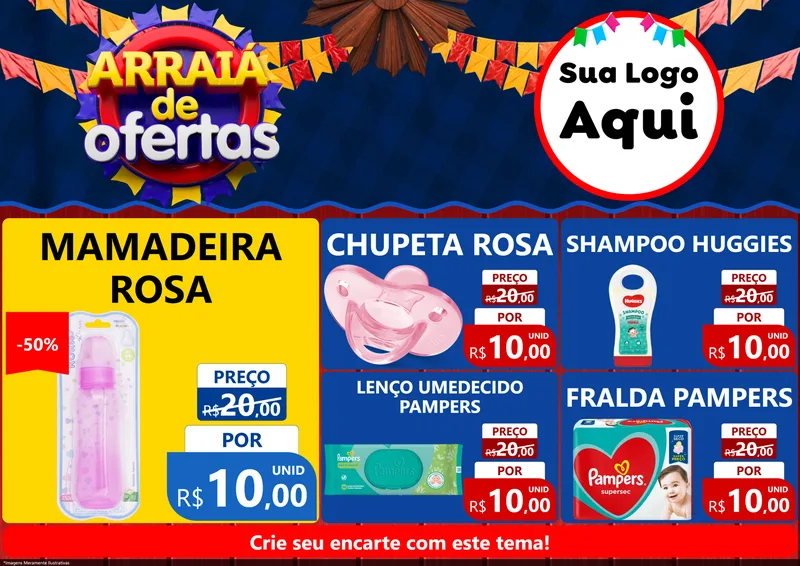 Modelo de Encarte para Encarte A4 Horizontal com o tema Arraiá de Ofertas para Bebês