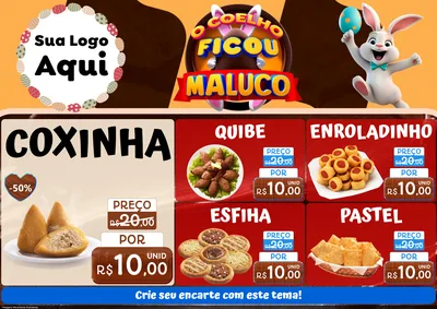 Modelo de Encarte para Encarte A4 Horizontal com o tema O Coelho Ficou Maluco - Páscoa para Salgadaria