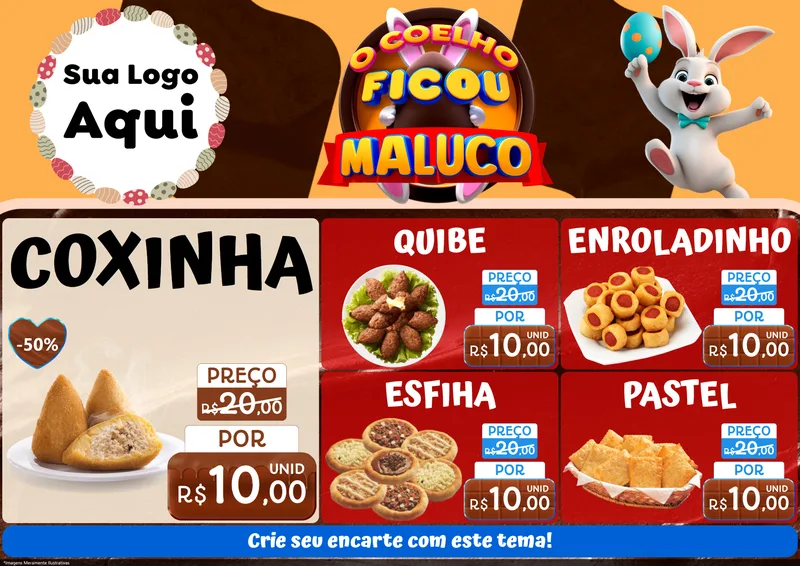 Modelo de Encarte para Encarte A4 Horizontal com o tema O Coelho Ficou Maluco - Páscoa para Salgadaria