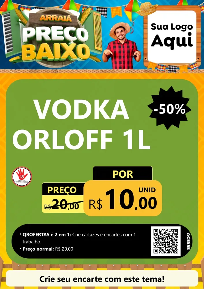 Modelo de Cartaz para Cartaz A4 Vertical com o tema Arraiá de Preço Baixo - Junina para Distribuidora de bebidas