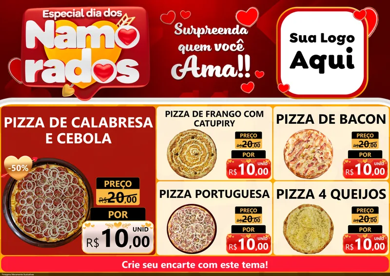 Modelo de Encarte para Encarte A4 Horizontal com o tema Especial Dia dos Namorados para Pizzaria