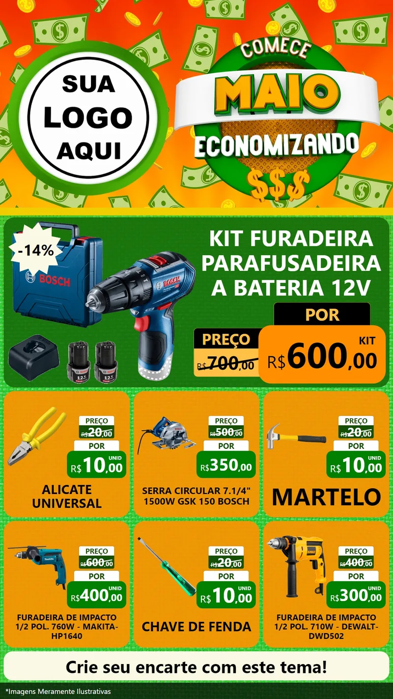 Modelo de Rede Social para Stories com o tema Comece Maio Economizando para Maquinas e Ferramentas