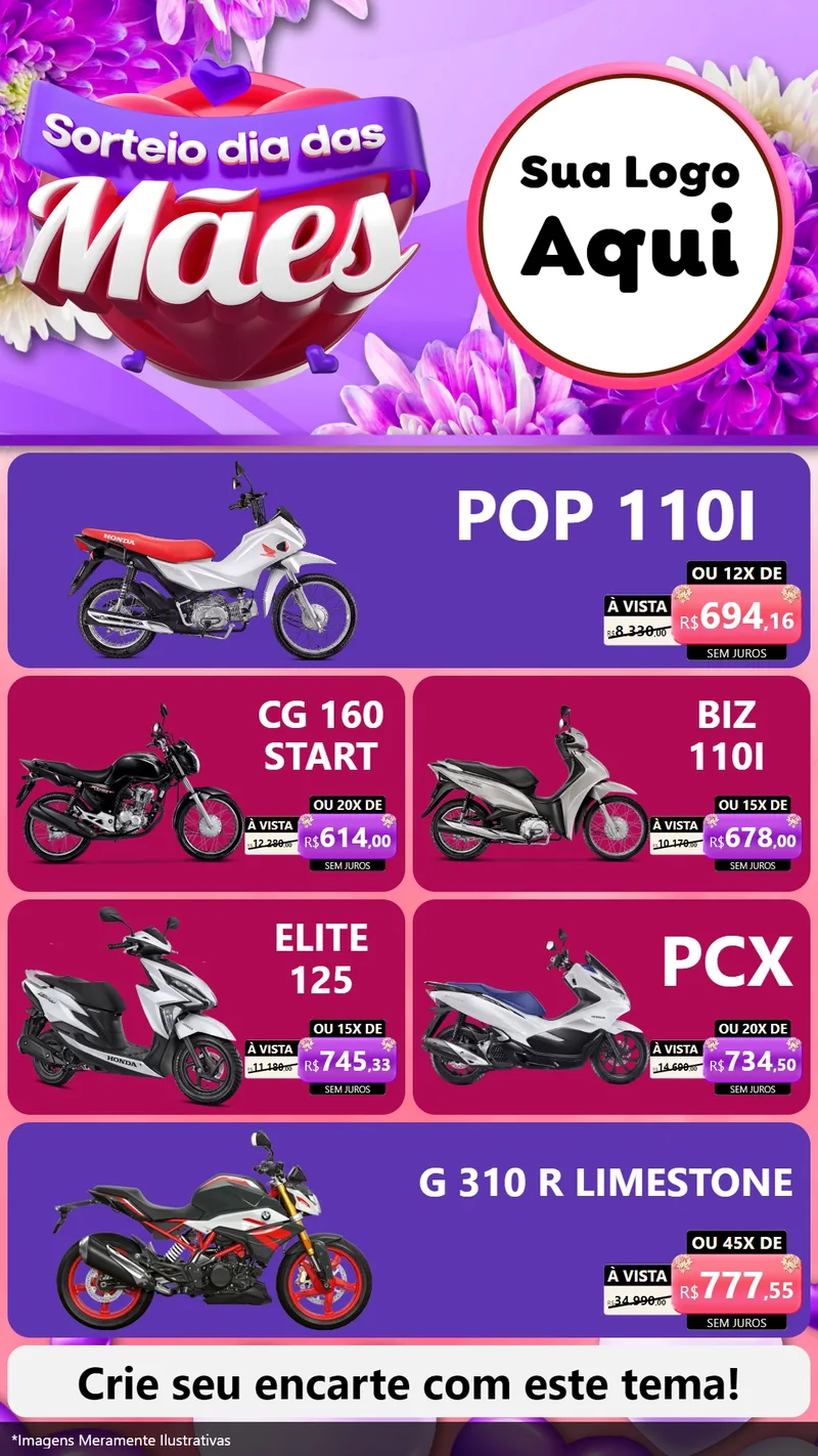 Modelo de TV para TV Vertical com o tema Sorteio Dia das Mães para Concessionaria de Motos