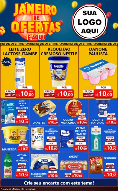 Modelo de Encarte para Encarte Grande com o tema Janeiro de Ofertas É Aqui! para Frios e Laticínios