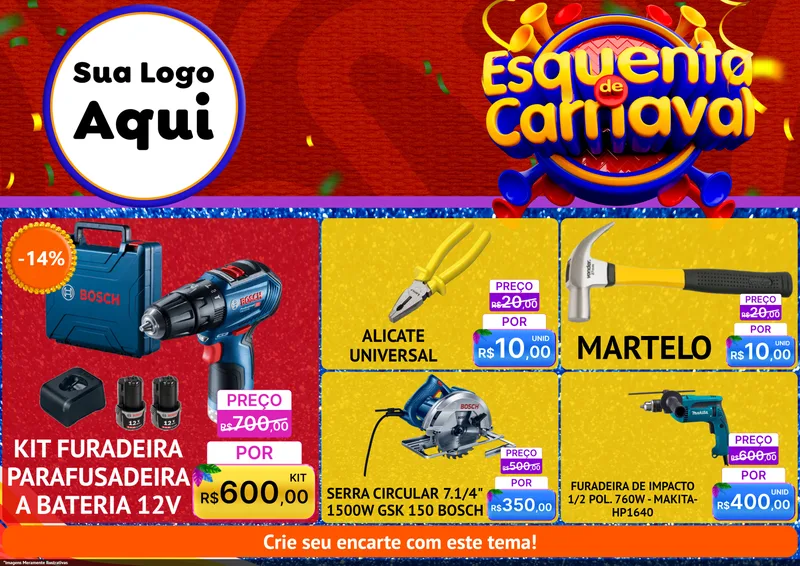 Modelo de Encarte para Encarte A4 Horizontal com o tema Esquenta de Carnaval para Maquinas e Ferramentas