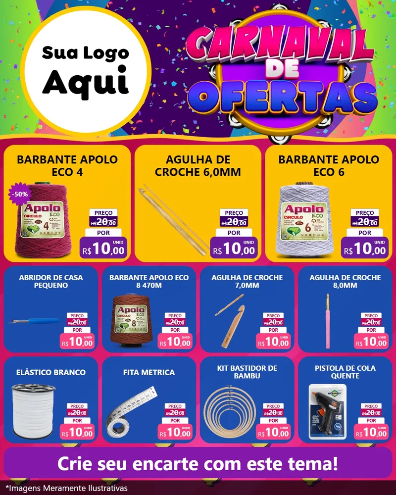 Modelo de Rede Social para Feed Instagram com o tema Carnaval de Ofertas para Armarinho e Aviamentos