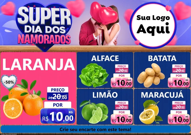 Modelo de Encarte para Encarte A4 Horizontal com o tema Super Dia dos Namorados para Hortifrúti