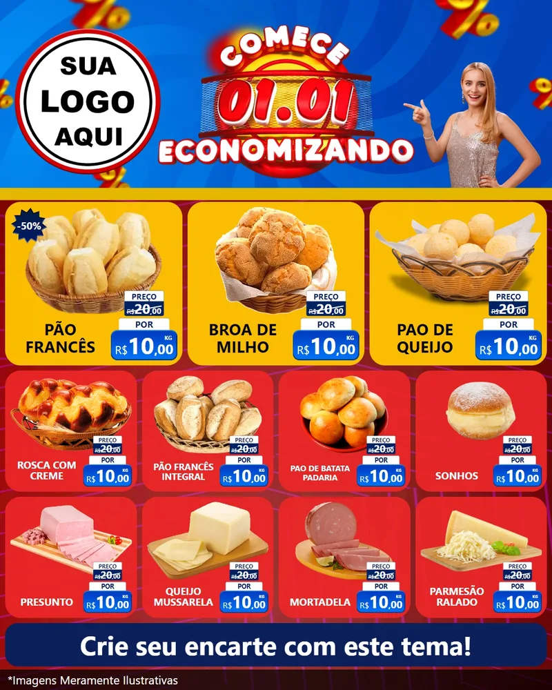 Modelo de Rede Social para Feed Instagram com o tema Comece 1º de Janeiro Economizando para Padaria