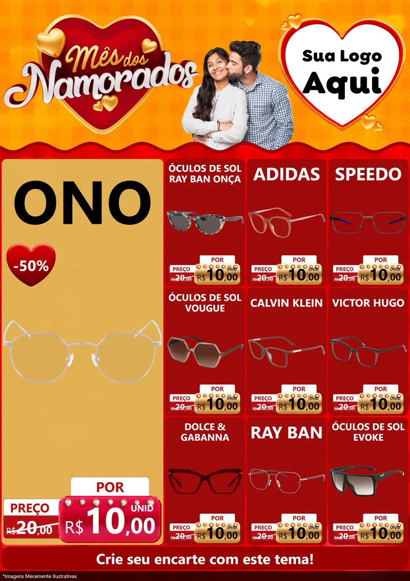 Modelo de Encarte para Encarte A4 Vertical com o tema Mês dos Namorados para Óticas