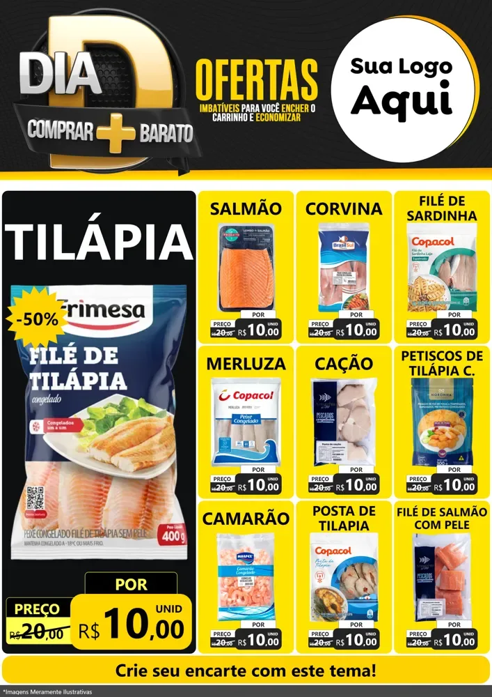 Modelo de Encarte para Encarte A4 Vertical com o tema Dia D Mais Economia para Peixaria