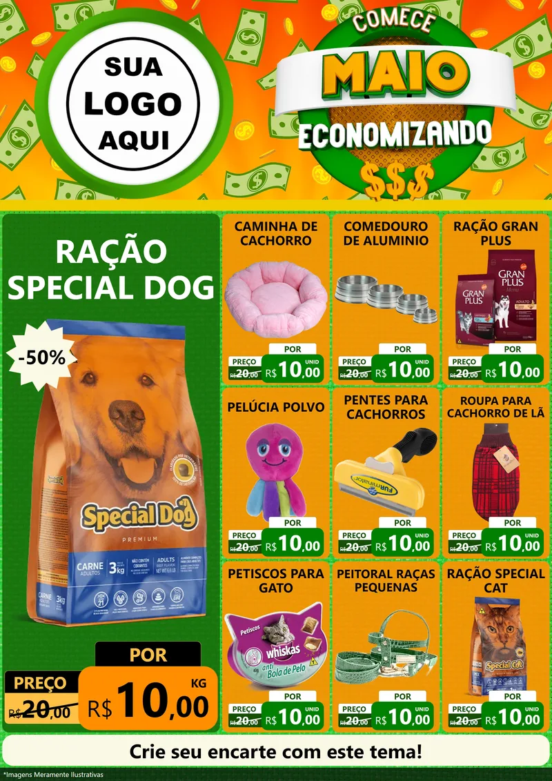 Modelo de Encarte para Encarte A4 Vertical com o tema Comece Maio Economizando para Pet Shop