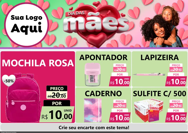 Modelo de Encarte para Encarte A4 Horizontal com o tema Dia das Mães para Papelaria