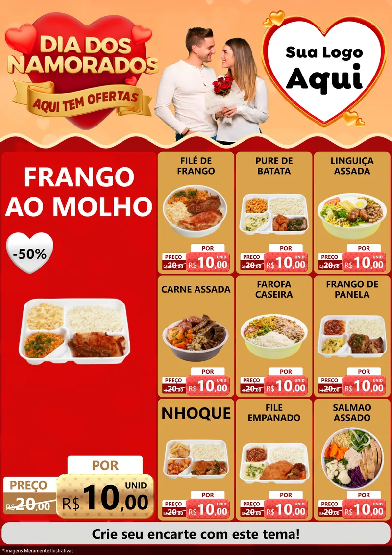 Modelo de Encarte para Encarte A4 Vertical com o tema Dia dos Namorados - Aqui Tem Ofertas para Restaurante
