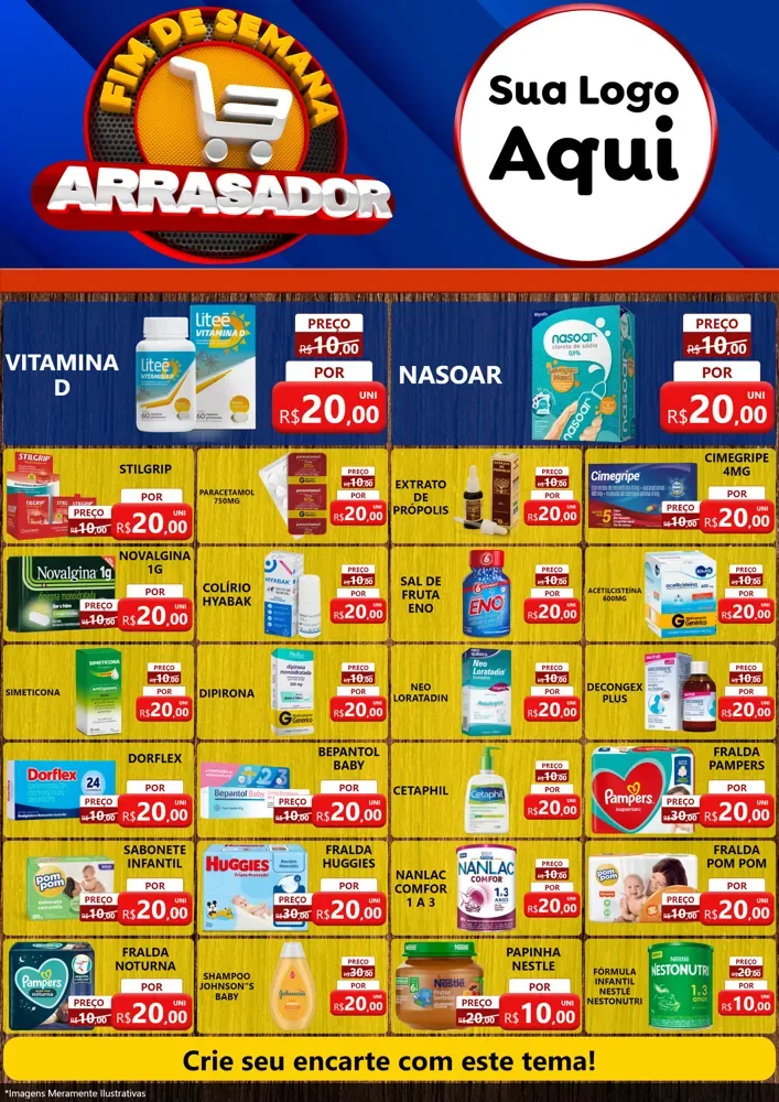 Modelo de Encarte para Encarte A4 Vertical com o tema Fim De Semana Arrasador para Farmácia