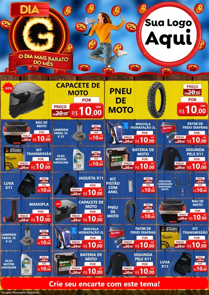 Modelo de Encarte para Encarte A4 Vertical com o tema Dia G - O Dia Mais Barato Do Mês para Moto peças