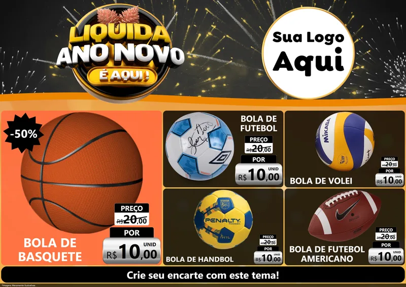 Modelo de Encarte para Encarte A4 Horizontal com o tema Liquida Ano Novo É Aqui! para Artigos Esportivos