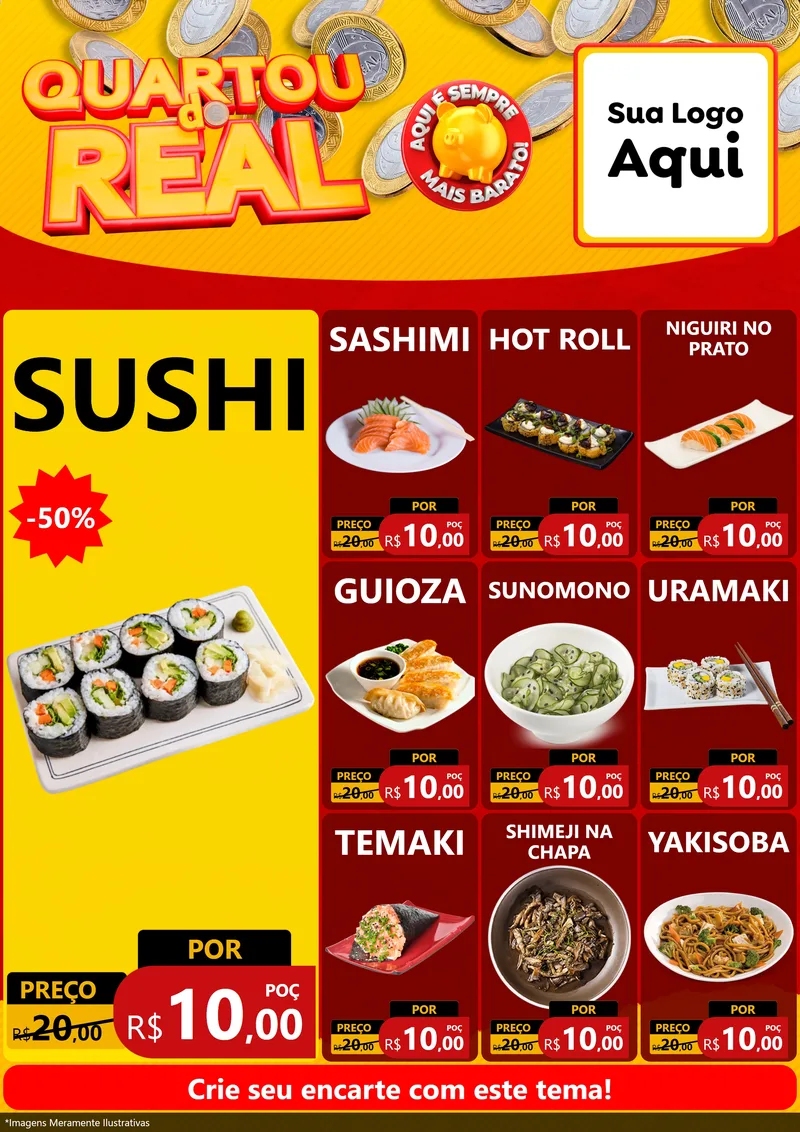 Modelo de Encarte para Encarte A4 Vertical com o tema Quartou do Real para Comida japonesa