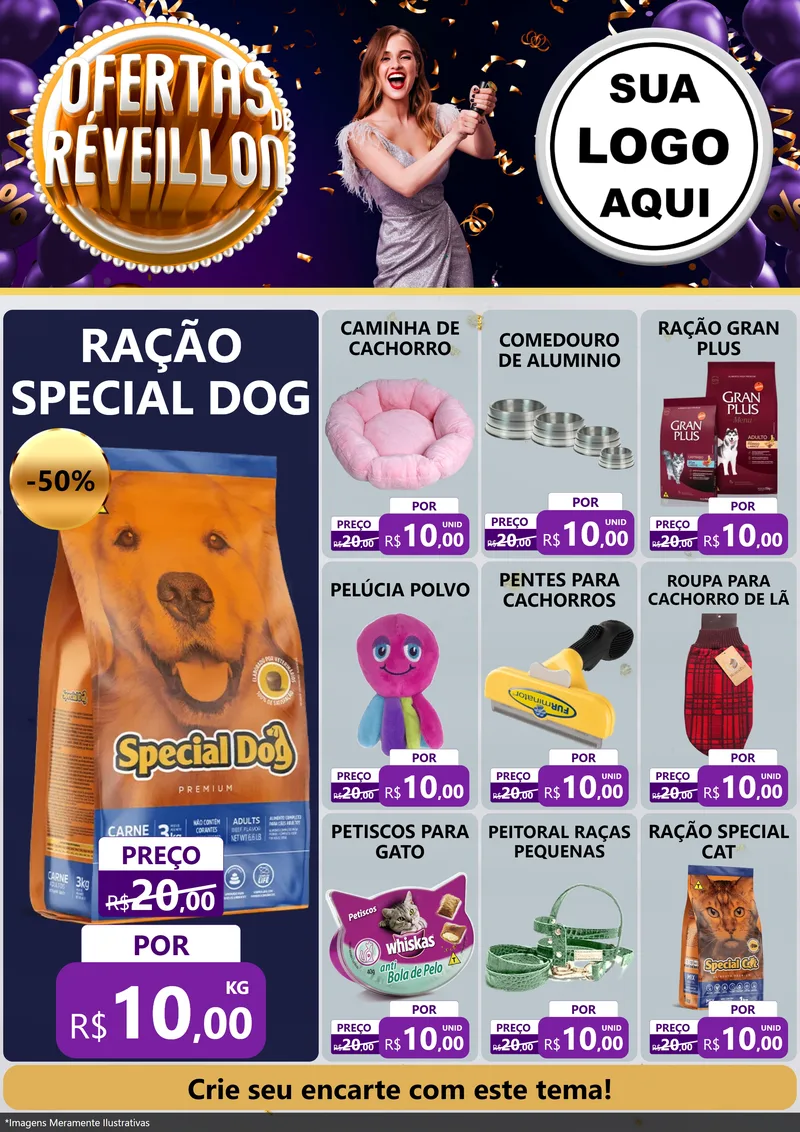 Modelo de Encarte para Encarte A4 Vertical com o tema Ofertas de Réveillon para Pet Shop
