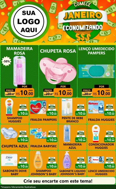Modelo de Encarte para Encarte Grande com o tema Comece Janeiro Economizando para Bebês