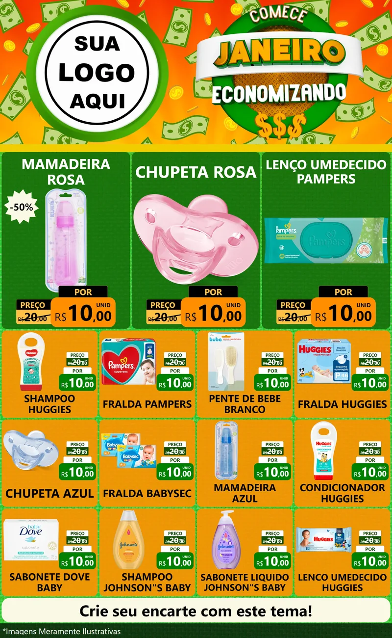 Modelo de Encarte para Encarte Grande com o tema Comece Janeiro Economizando para Bebês