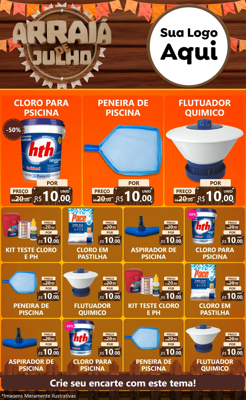 Modelo de Encarte para Encarte Grande com o tema Arraiá de Julho - Junina para Produtos para Piscina