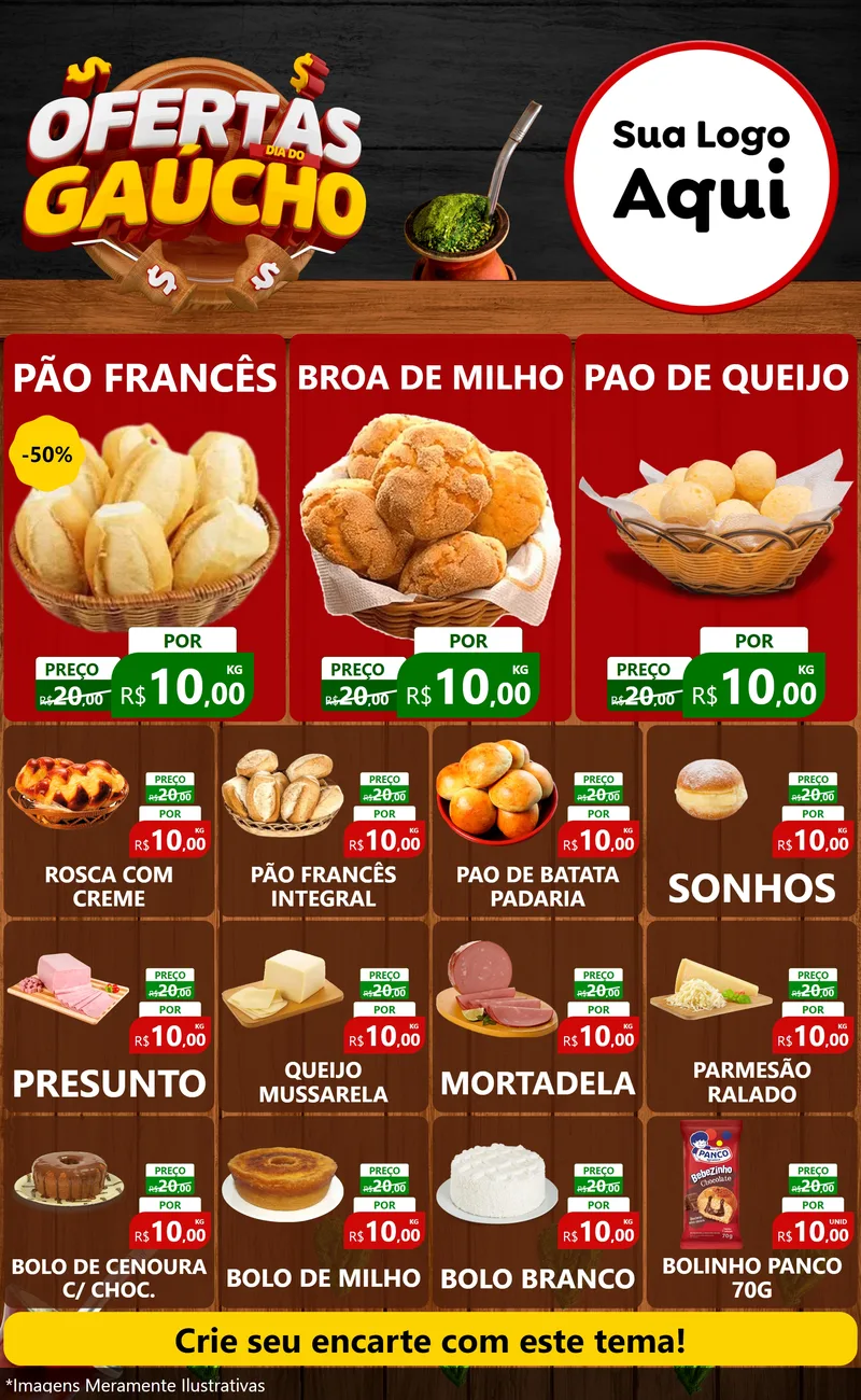 Modelo de Encarte para Encarte Grande com o tema Ofertas Dia do Gaúcho para Padaria