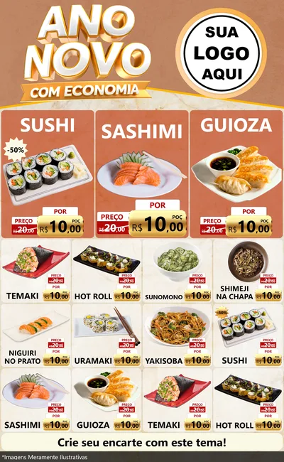 Modelo de Encarte para Encarte Grande com o tema Ano Novo Com Economia para Comida japonesa