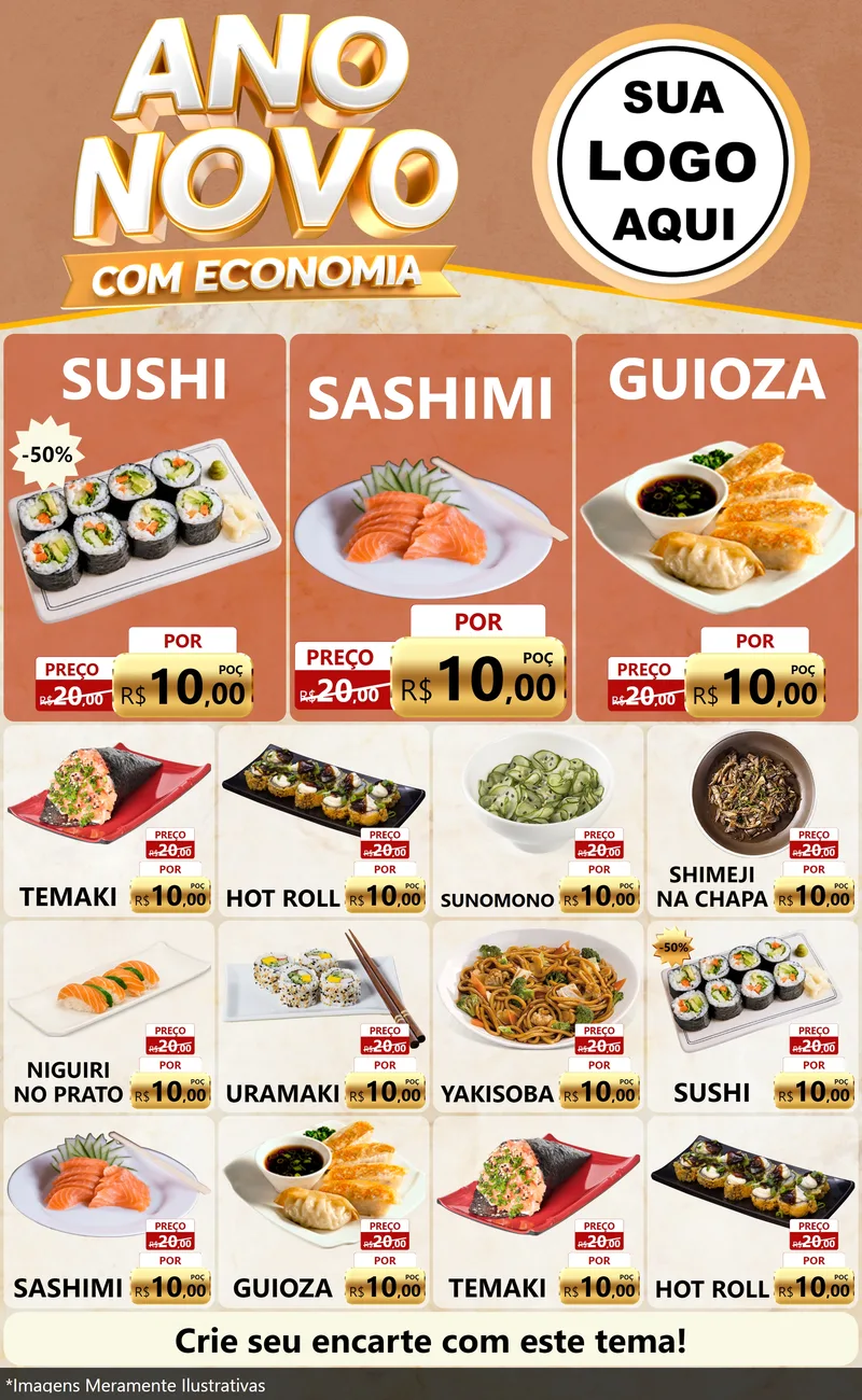 Modelo de Encarte para Encarte Grande com o tema Ano Novo Com Economia para Comida japonesa