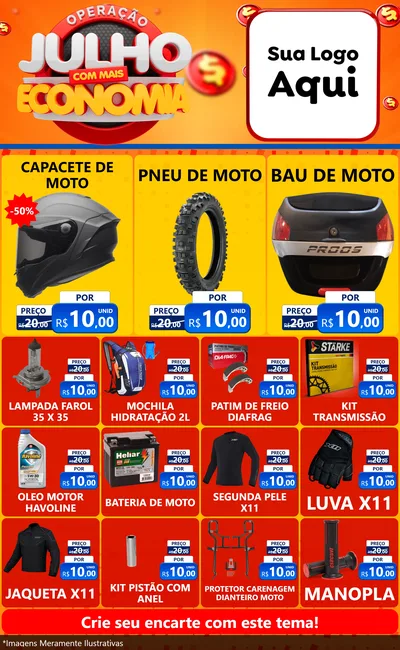 Modelo de Encarte para Encarte Grande com o tema Operação Julho Com Mais Economia para Moto peças