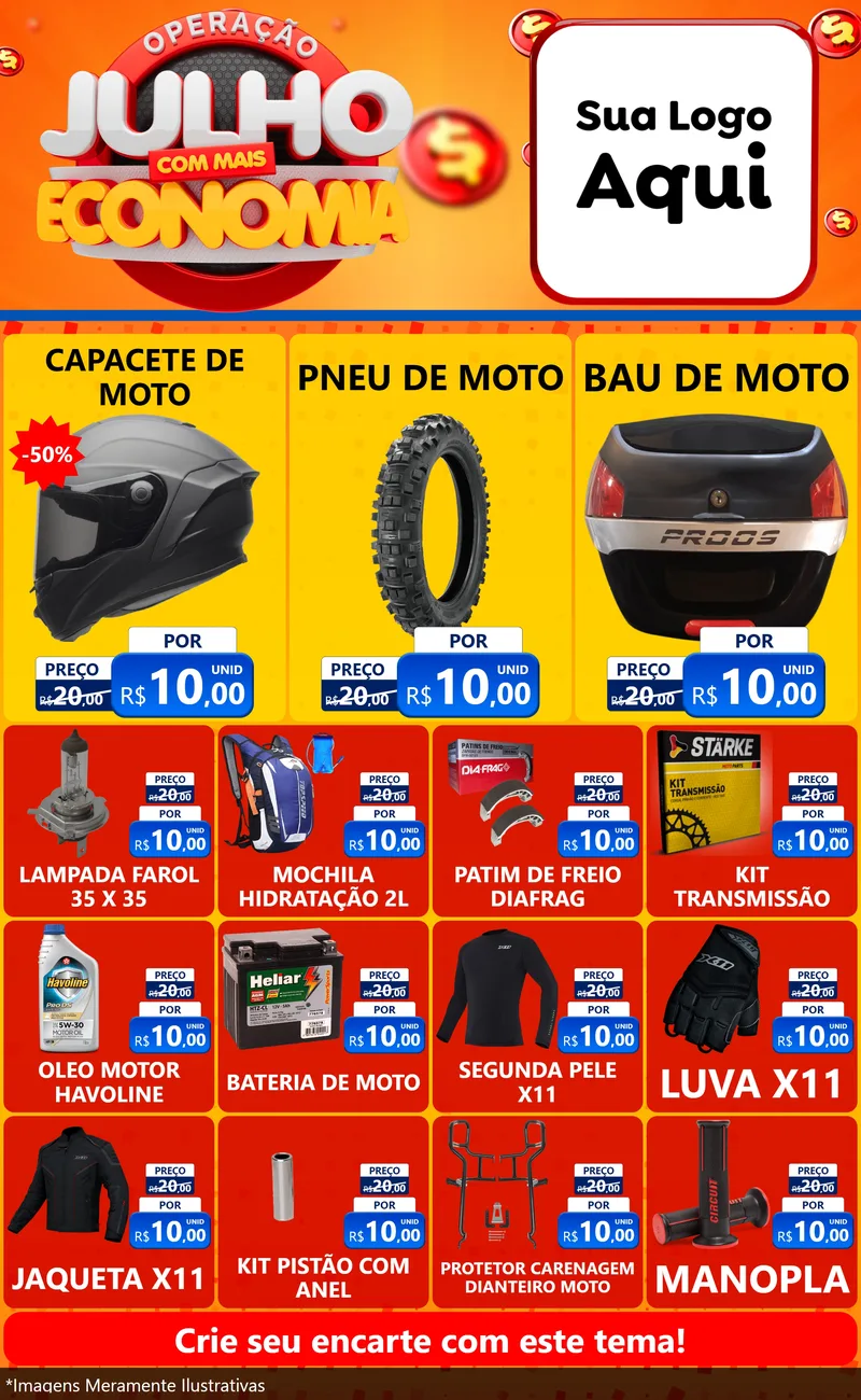 Modelo de Encarte para Encarte Grande com o tema Operação Julho Com Mais Economia para Moto peças