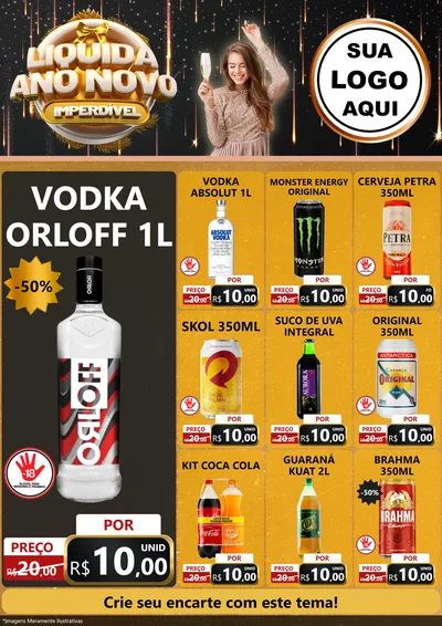 Modelo de Encarte para Encarte A4 Vertical com o tema Liquida Ano Novo Imperdível para Distribuidora de bebidas