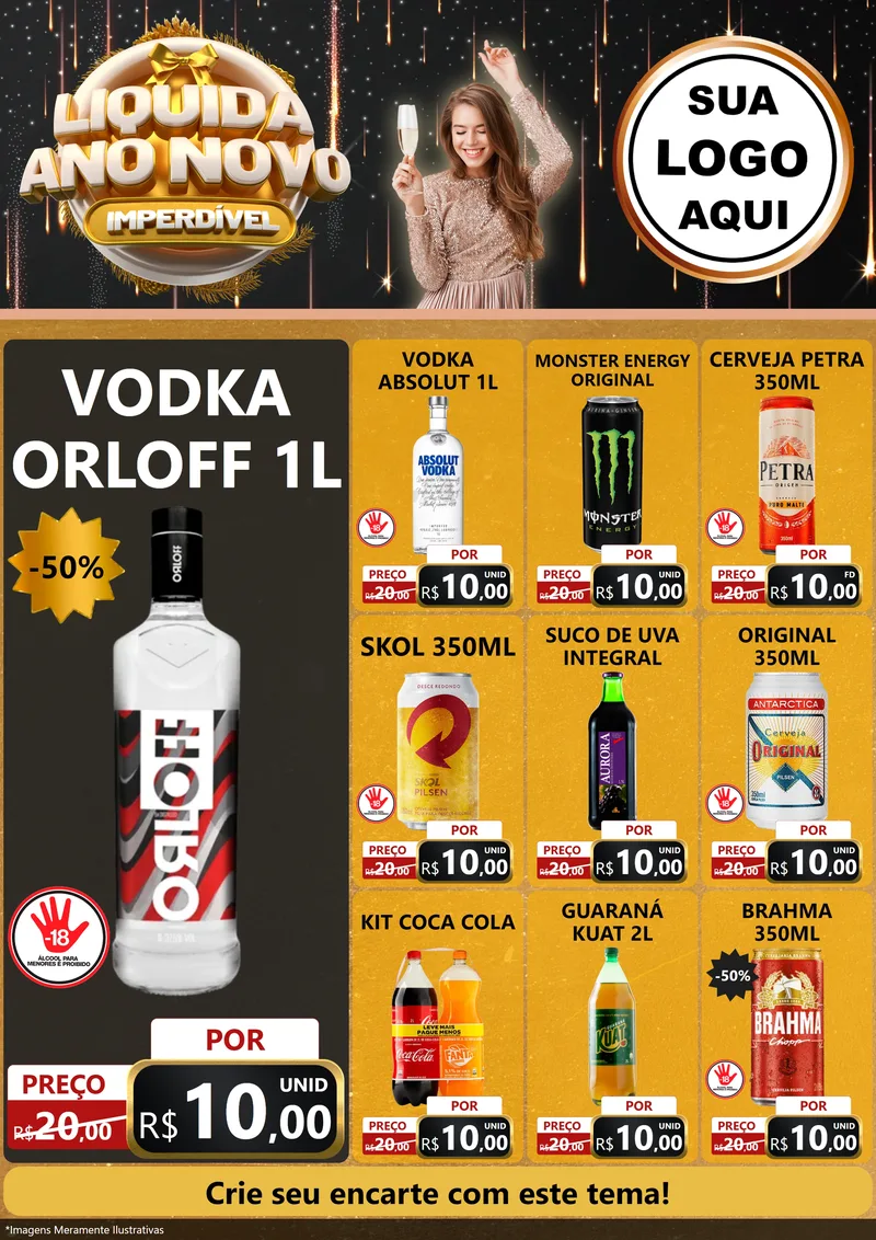 Modelo de Encarte para Encarte A4 Vertical com o tema Liquida Ano Novo Imperdível para Distribuidora de bebidas
