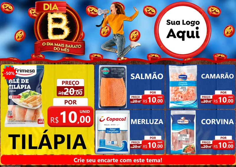 Modelo de Encarte para Encarte A4 Horizontal com o tema Dia B - O Dia Mais Barato Do Mês para Peixaria
